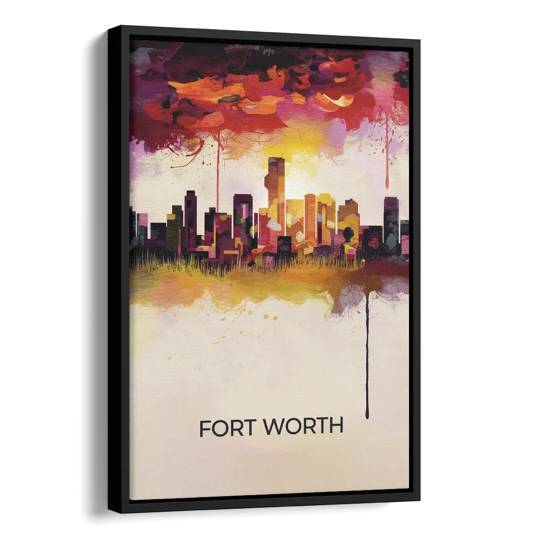 Fort Worth Cityscape at Sunset Side - Black Canvas Wall Art