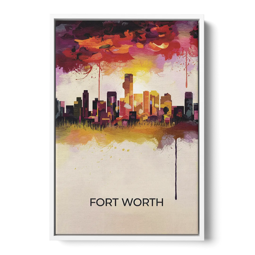 Fort Worth Cityscape at Sunset Front - White Canvas Wall Art