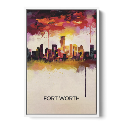 Fort Worth Cityscape at Sunset Front - White Canvas Wall Art