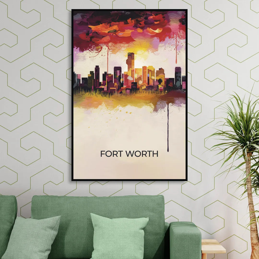 Fort Worth Cityscape at Sunset Sitting Room - Black Canvas Wall Art