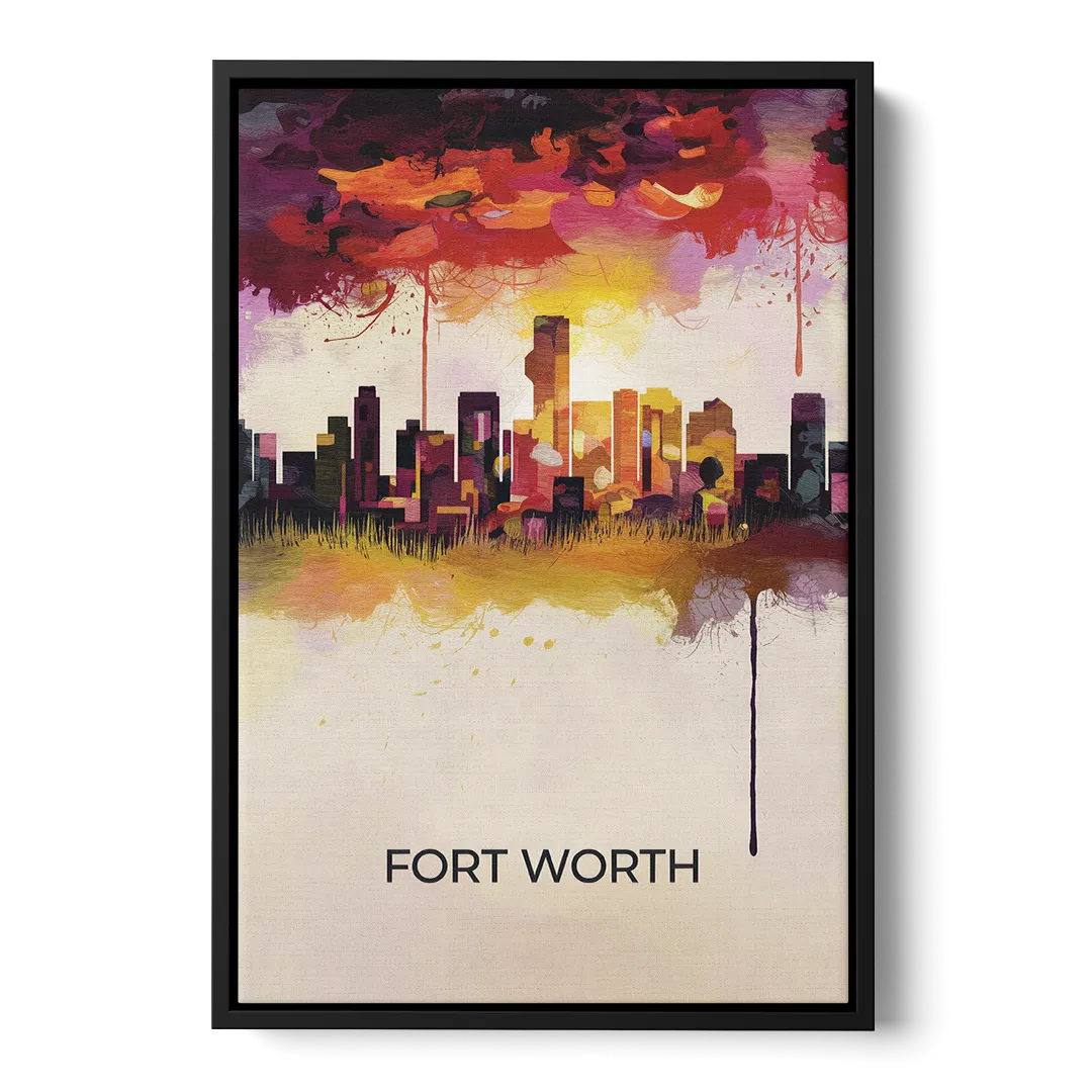 Fort Worth Cityscape at Sunset Front - Black Canvas Wall Art