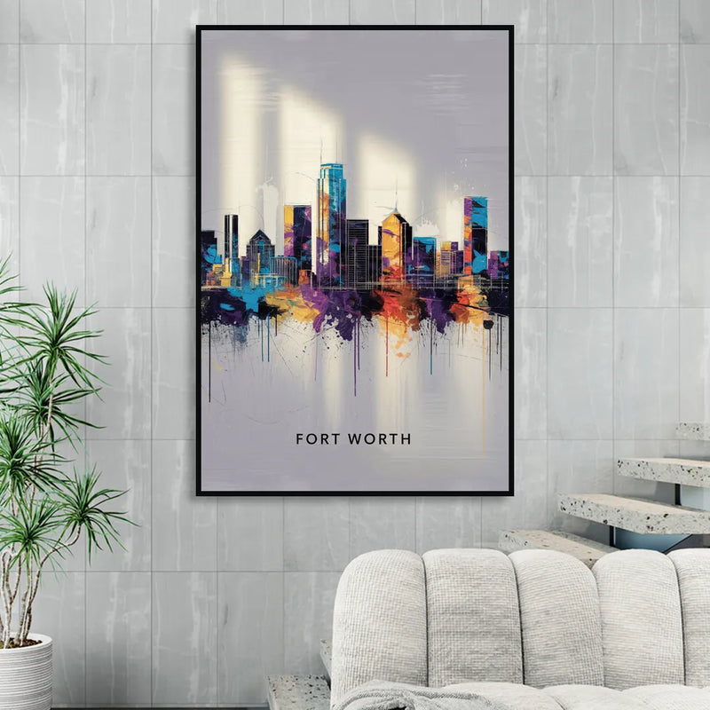 Fort Worth Downtown Skyline Living Room - Black Canvas Wall Art