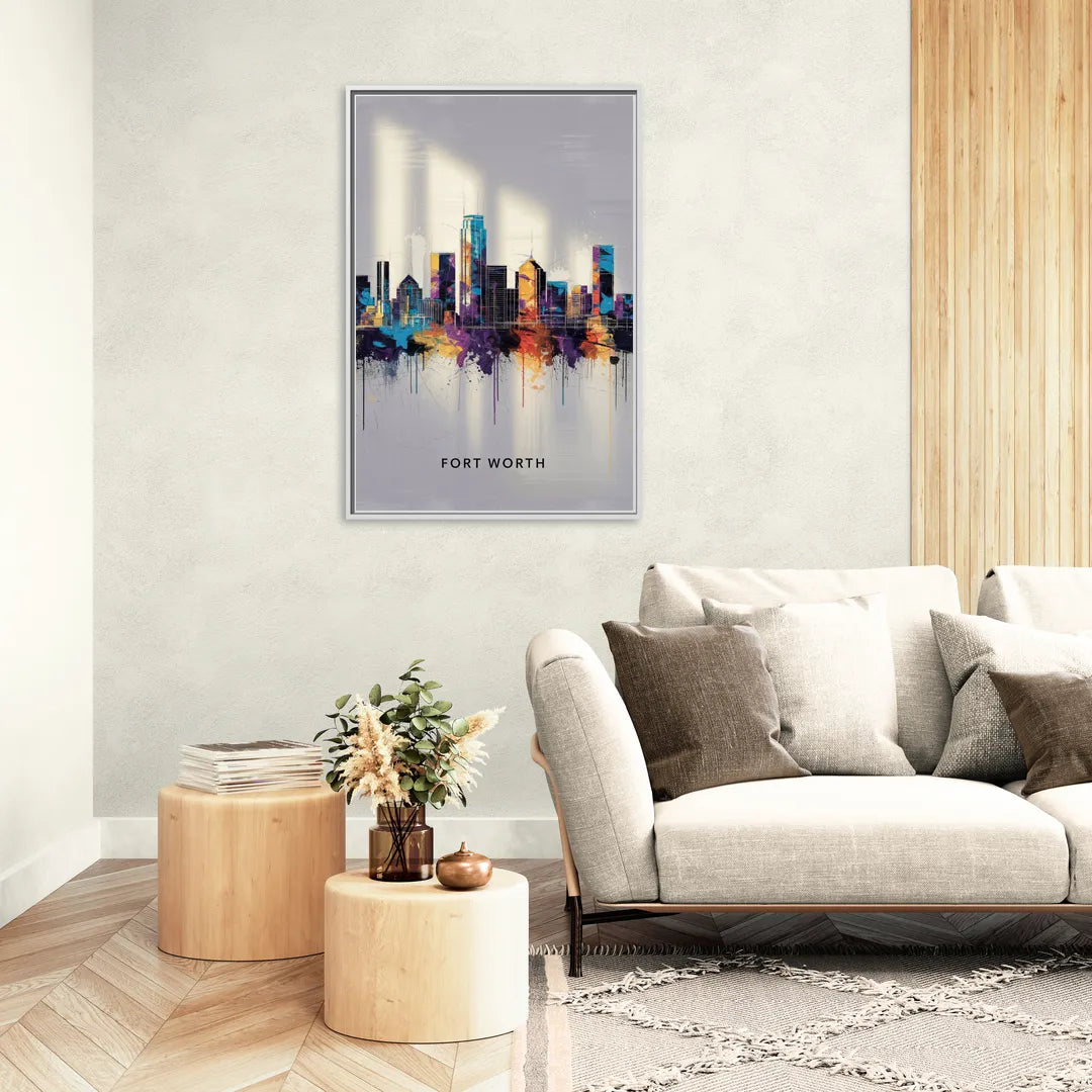 Fort Worth Downtown Skyline - Living Room White Frame Canvas