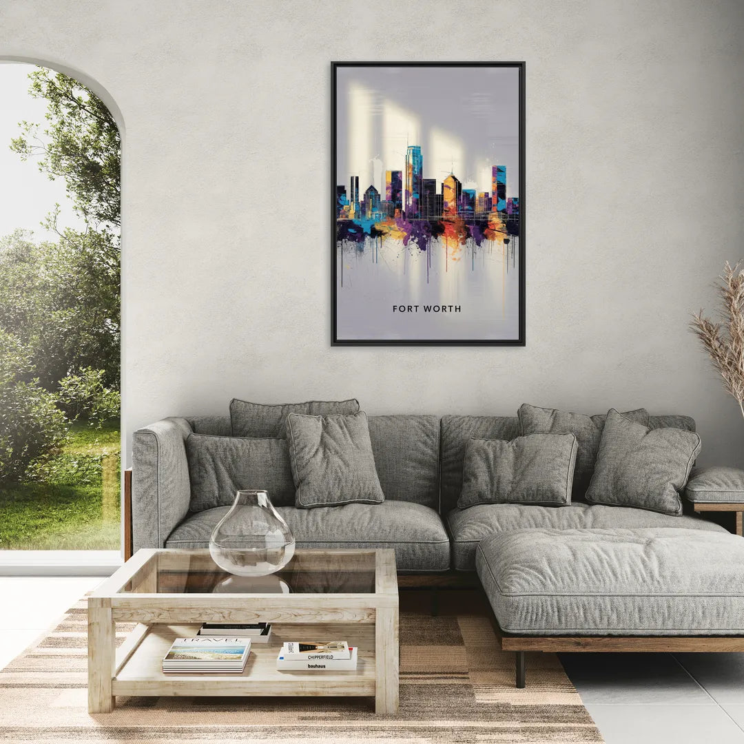 Fort Worth Downtown Skyline - Living Room Black Frame Canvas
