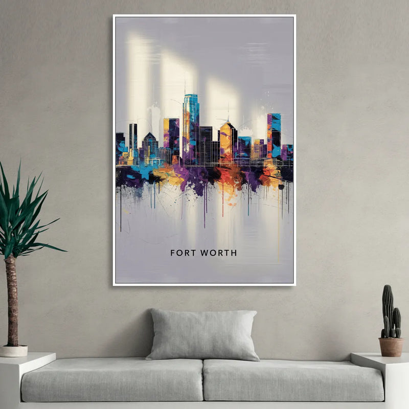 Fort Worth Downtown Skyline Sitting Room - White Canvas Wall Art