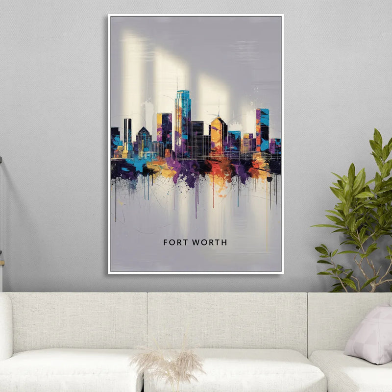 Fort Worth Downtown Skyline Living Room - White Canvas Wall Art