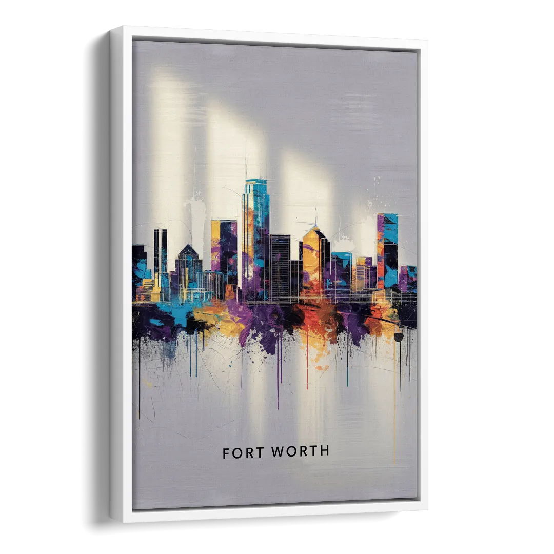 Fort Worth Downtown Skyline Side - White Canvas Wall Art