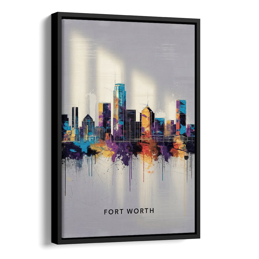 Fort Worth Downtown Skyline Side - Black Canvas Wall Art