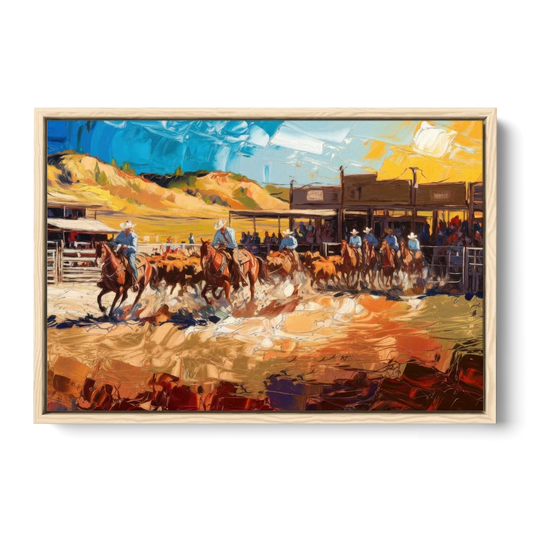 Fort Worth Rodeo And Cowboy Spirit - Oak Framed Canvas Wall Art - Front
