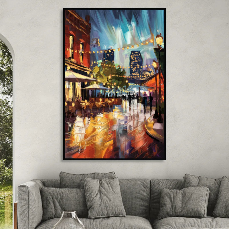 Fort Worth Sundance Square Lights Living Room - Black Canvas Wall Art