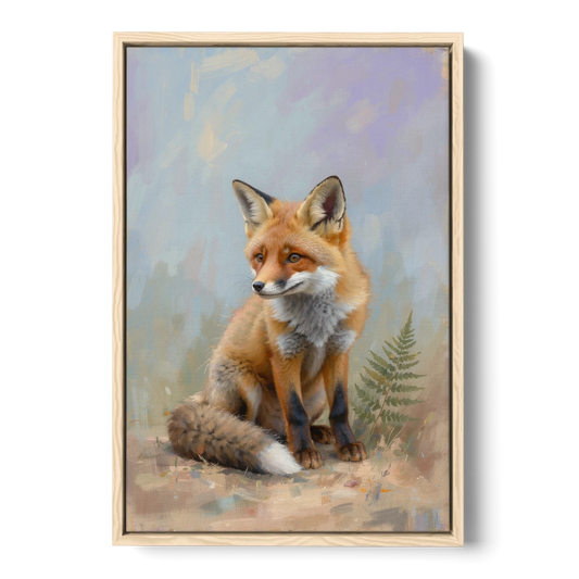 Fox Kit with Fern Sprig for the Nursery - Oak Framed Canvas Wall Art - Front