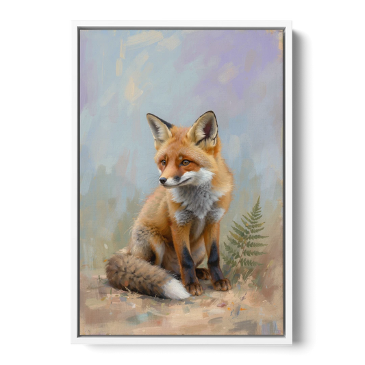 Fox Kit with Fern Sprig for the Nursery - White Framed Canvas Wall Art - Front