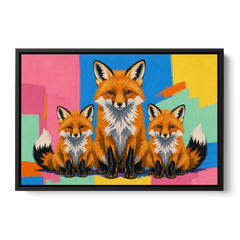 Pop Art Fox Mother and Two Cubs for the Nursery - Black Framed Canvas Wall Art - Front