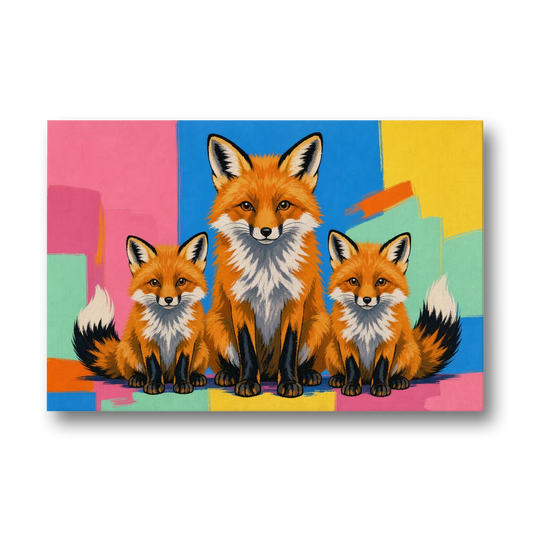 Pop Art Fox Mother and Two Cubs for the Nursery - Canvas Wall Art - Front