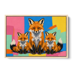 Pop Art Fox Mother and Two Cubs for the Nursery - Oak Framed Canvas Wall Art - Front