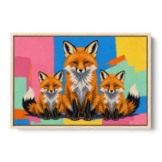 Pop Art Fox Mother and Two Cubs for the Nursery - Oak Framed Canvas Wall Art - Front