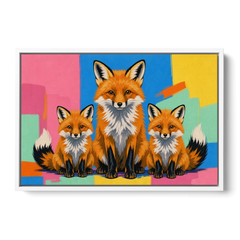 Pop Art Fox Mother and Two Cubs for the Nursery - White Framed Canvas Wall Art - Front