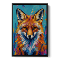 Fox Oil Painting in Electric Blue - Black Framed Canvas Wall Art - Front