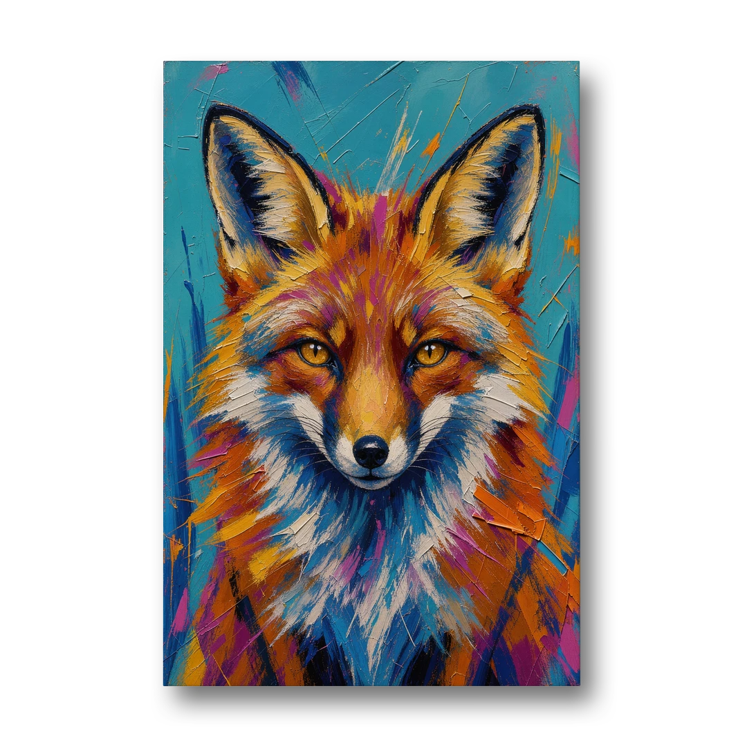 Fox Oil Painting in Electric Blue - Canvas Wall Art - Front