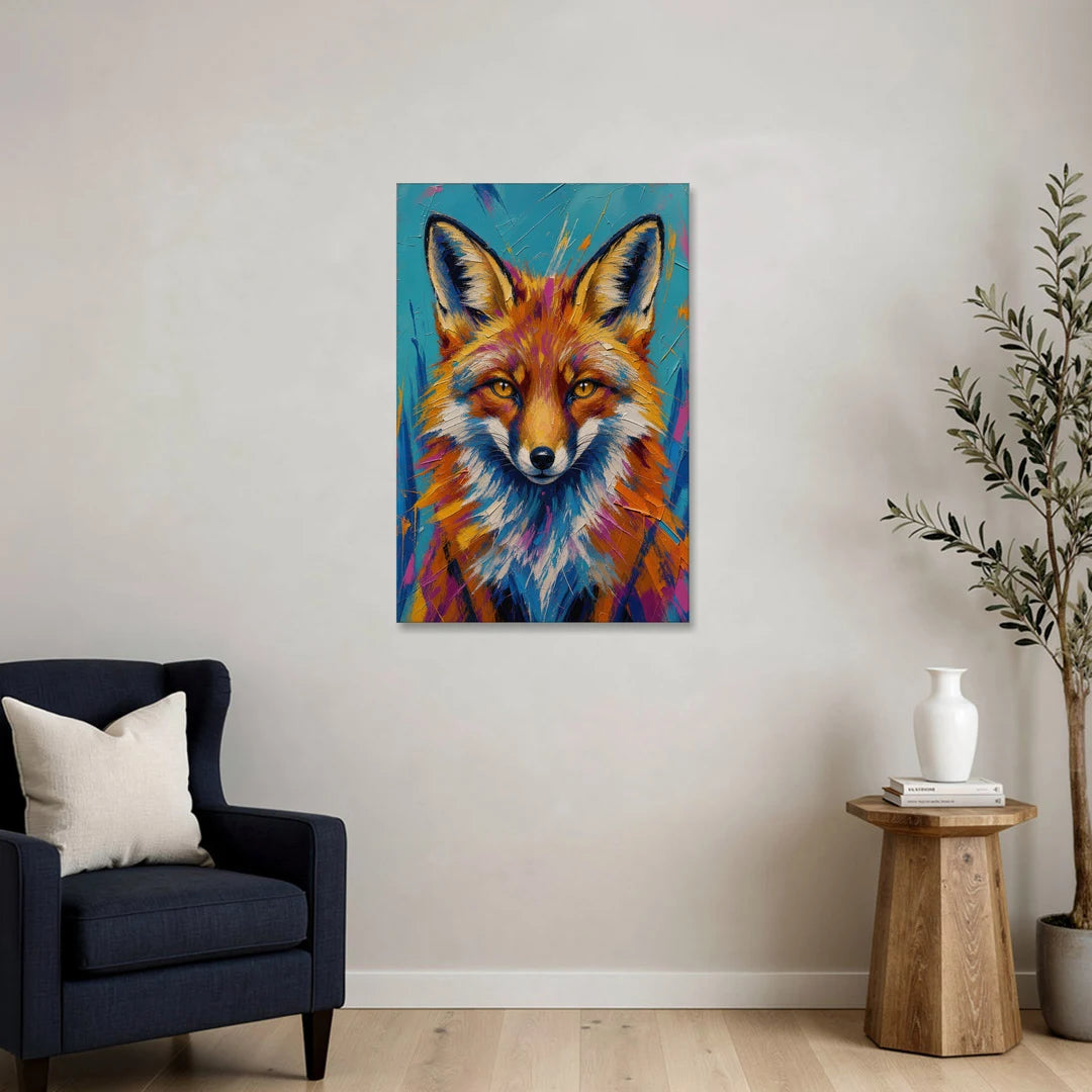 Fox Oil Painting in Electric Blue - Canvas Wall Art - Sofa - 24x36