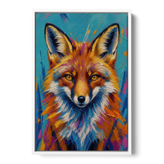 Fox Oil Painting in Electric Blue - White Framed Canvas Wall Art - Front