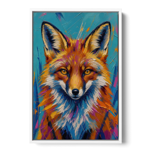 Fox Oil Painting in Electric Blue - White Framed Canvas Wall Art - Front