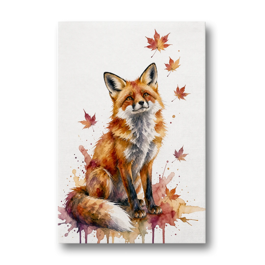 Fox Watercolor Painting Under Autumn Leaves - Canvas Wall Art - Front