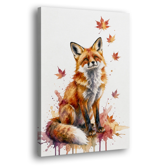 Fox Watercolor Painting Under Autumn Leaves - Canvas Wall Art - Side