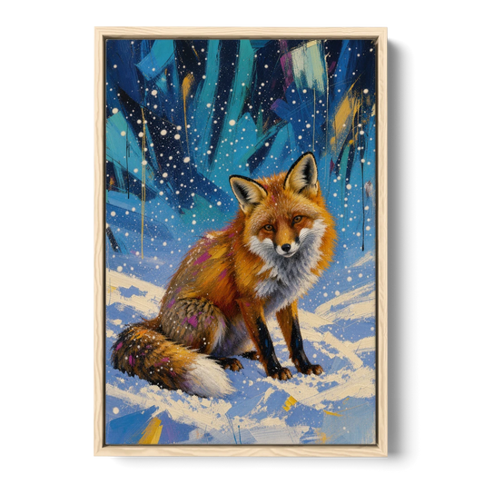 Fox in Snow Painting - Oak Framed Canvas Wall Art - Front