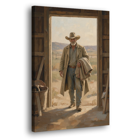 Framed Cowboy Art in the Barn Doorway - Canvas Wall Art - Side