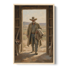 Framed Cowboy Art in the Barn Doorway - Oak Framed Canvas Wall Art - Front