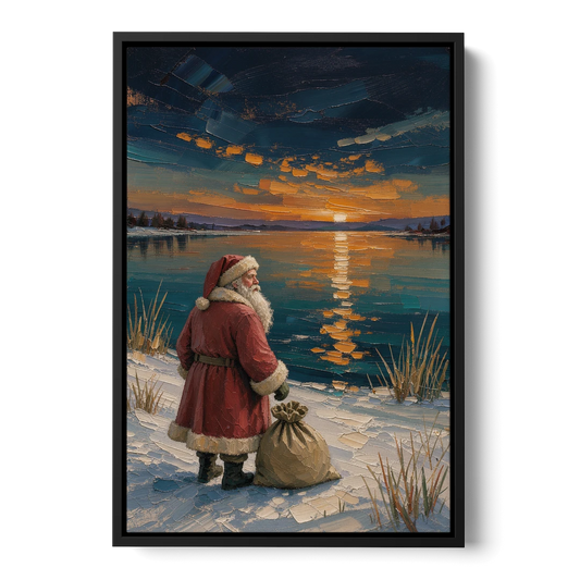 Framed Santa Print by the Amber Lake - Black Framed Canvas Wall Art - Front