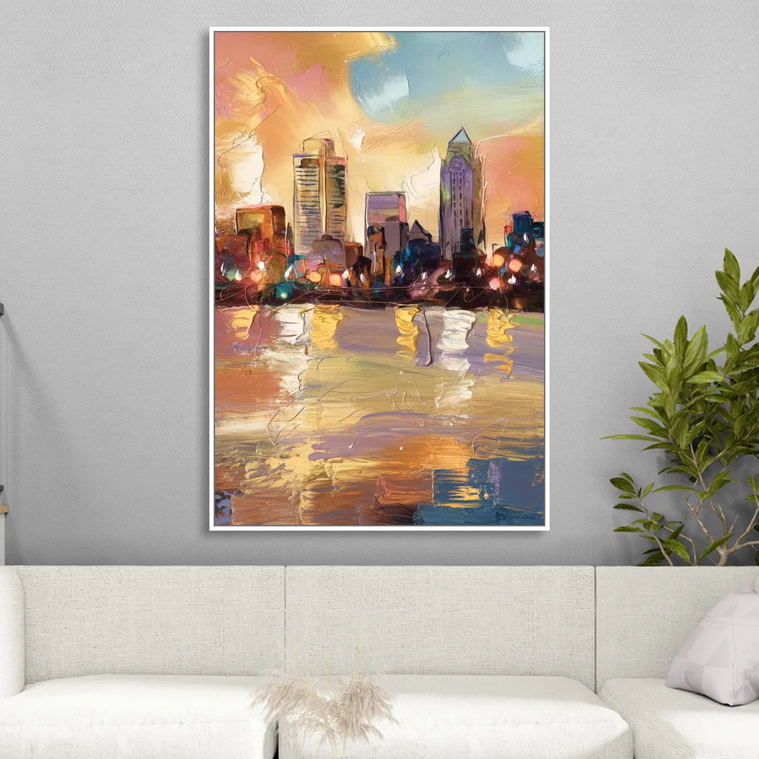 Franklin Skyline View Sitting Room - White Canvas Wall Art