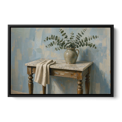 French Country Bathroom Wall Art of a Eucalyptus Washstand - Black Framed Canvas Wall Art - Front