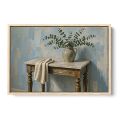 French Country Bathroom Wall Art of a Eucalyptus Washstand - Oak Framed Canvas Wall Art - Front