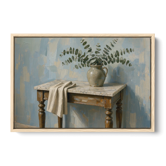 French Country Bathroom Wall Art of a Eucalyptus Washstand - Oak Framed Canvas Wall Art - Front