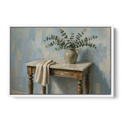 French Country Bathroom Wall Art of a Eucalyptus Washstand - White Framed Canvas Wall Art - Front