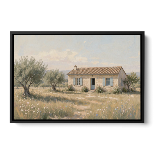 French Country Wall Art of a Provençal Farmhouse - Black Framed Canvas Wall Art - Front