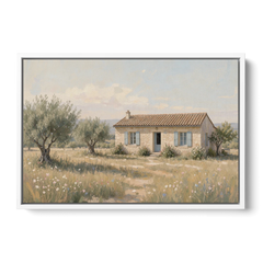 French Country Wall Art of a Provençal Farmhouse - White Framed Canvas Wall Art - Front