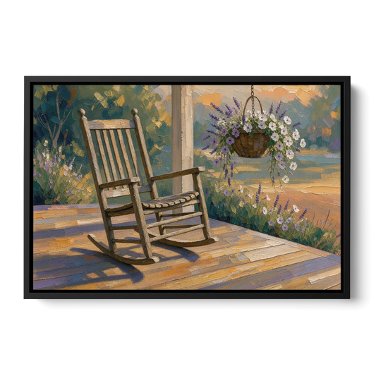 Front Porch Art with Rocking Chair and Lavender Basket - Black Framed Canvas Wall Art - Front