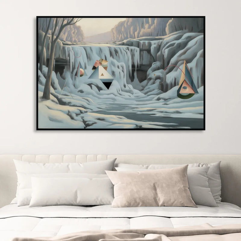 Frozen Falls in Winter Living Room - Black Canvas Wall Art