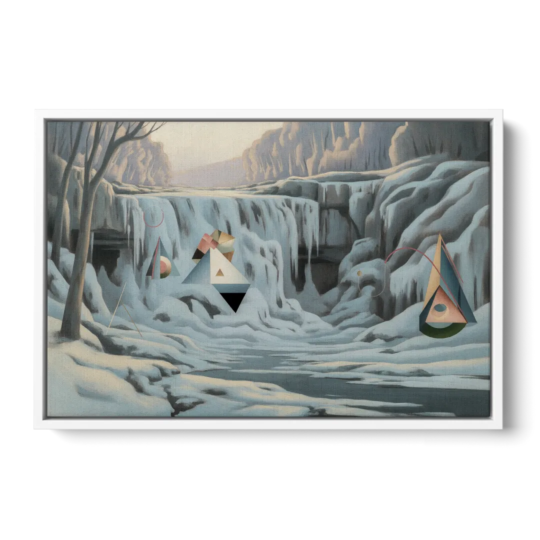 Frozen Falls in Winter Front - White Canvas Wall Art
