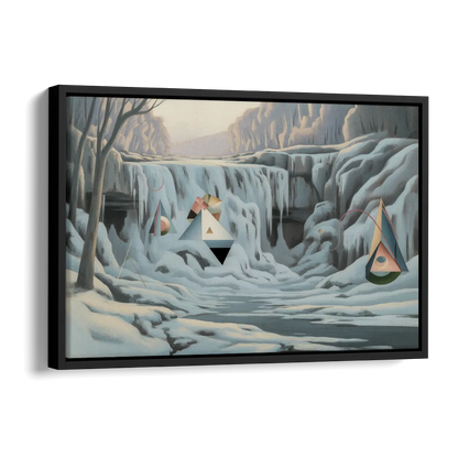 Frozen Falls in Winter Side - Black Canvas Wall Art