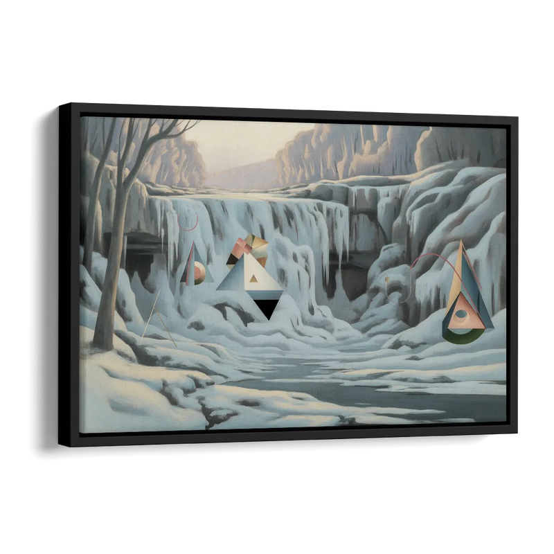 Frozen Falls in Winter Side - Black Canvas Wall Art