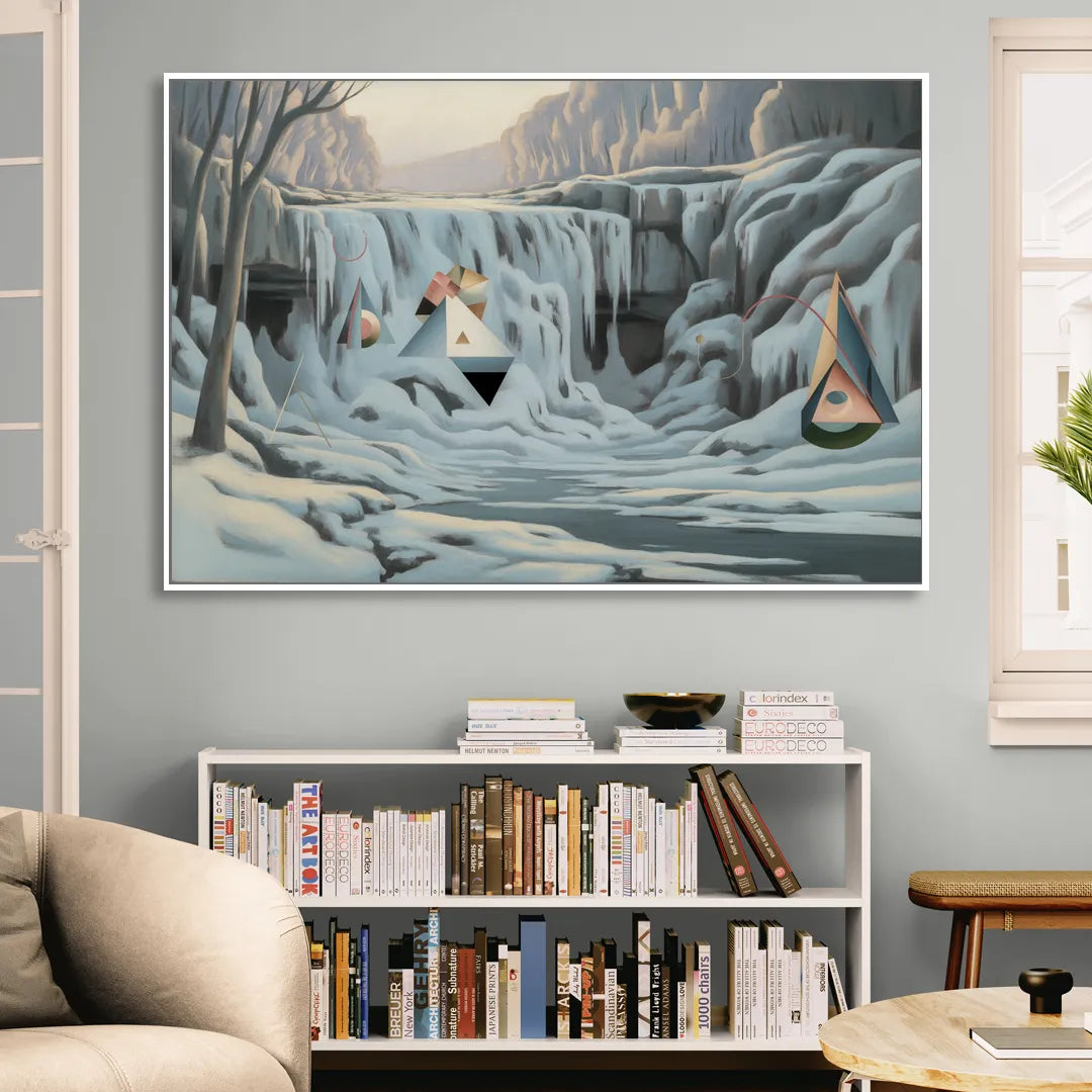 Frozen Falls in Winter Living Room - White Canvas Wall Art