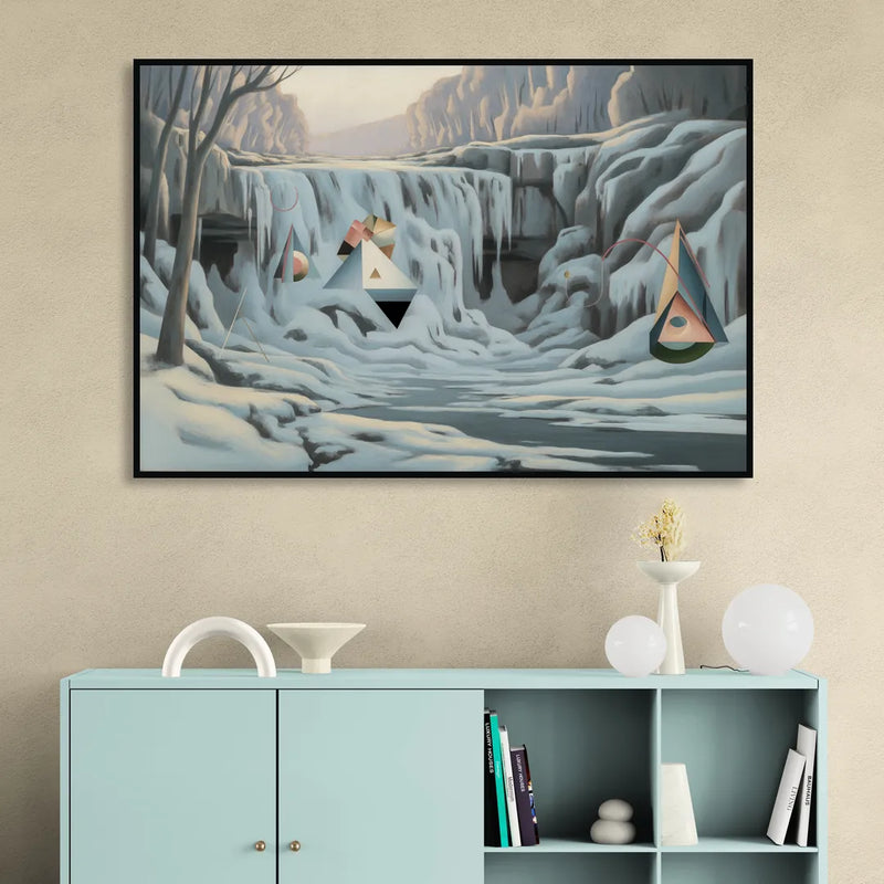 Frozen Falls in Winter Sitting Room - Black Canvas Wall Art
