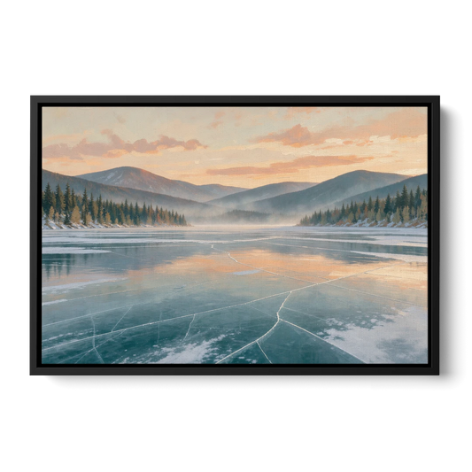 Frozen Lake Painting at Dawn - Black Framed Canvas Wall Art - Front