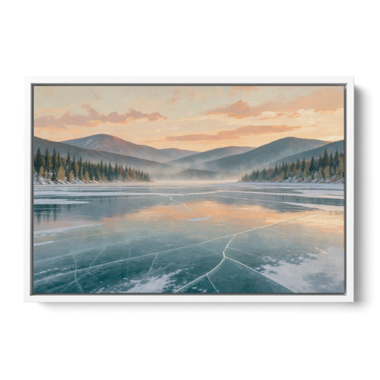 Frozen Lake Painting at Dawn - White Framed Canvas Wall Art - Front