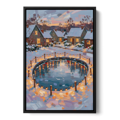 Frozen Pond Ringed with String Lights - Black Framed Canvas Wall Art - Front