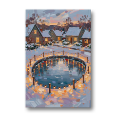 Frozen Pond Ringed with String Lights - Canvas Wall Art - Front